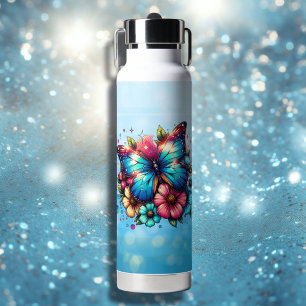 Bouteille D'eau Papillon bleu et fleurs roses personnalisés