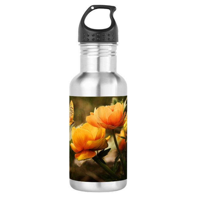 Bouteille D'eau Papillon orange et fleurs (Devant)
