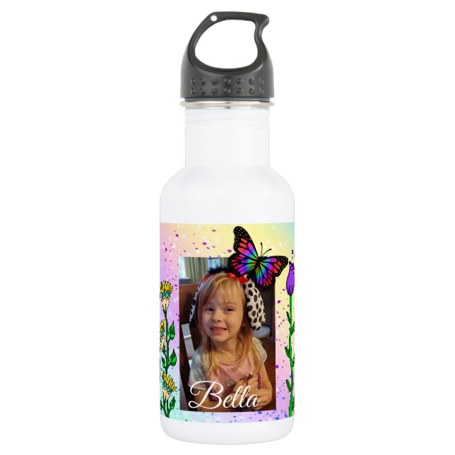 Bouteille D'eau Papillon personnalisé et fleurs Photo et nom (Devant)