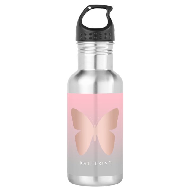 Bouteille D'eau Papillon rose à la mode moderne élégant d'or (Devant)