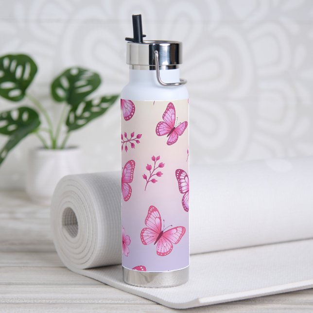 Bouteille D'eau Papillon rose et motif de fleurs (Yoga (pivotée))