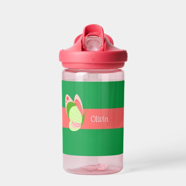 Bouteille D'eau Papillon rose et vert Enfants personnalisés (Avant)