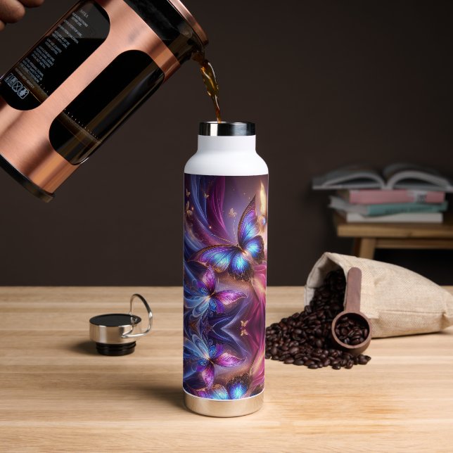 Bouteille D'eau Papillon violet moderne (Café (pivoté))