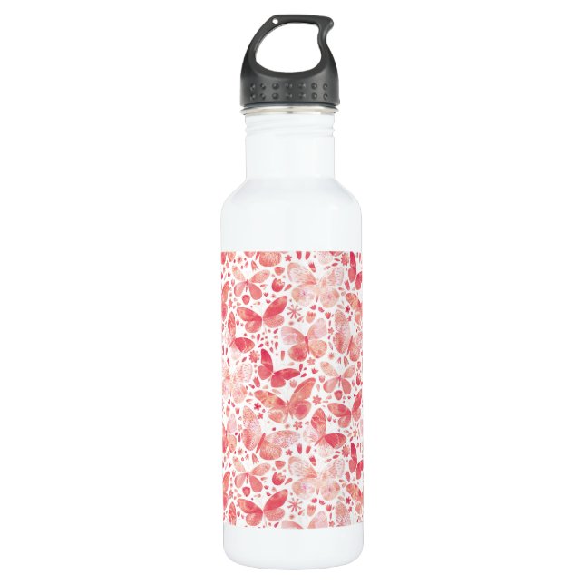Bouteille D'eau Papillons Aquarelle Corail rose (Devant)