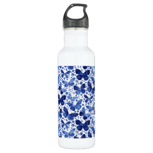 Bouteille D'eau Papillons Aquarelle Indigo Blue