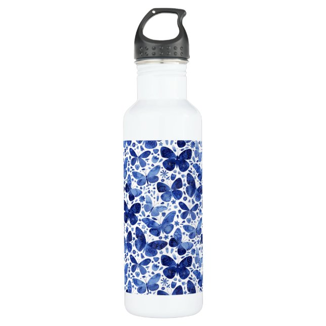 Bouteille D'eau Papillons Aquarelle Indigo Blue (Devant)