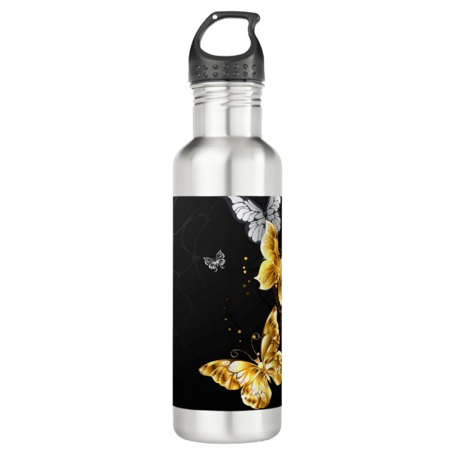 Bouteille D'eau Papillons blancs et dorés (Devant)