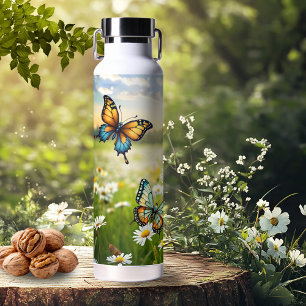 Bouteille D'eau Papillons bleus et oranges fantaisistes dans une p