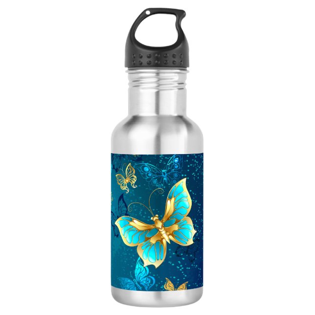 Bouteille D'eau Papillons d'or sur un Arrière - plan bleu (Devant)