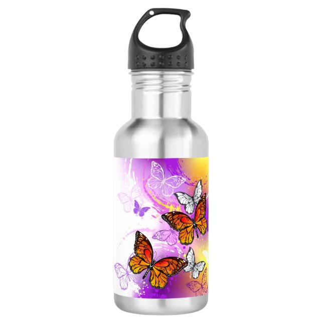 Bouteille D'eau Papillons Monarque sur Arrière - plan pourpre (Devant)
