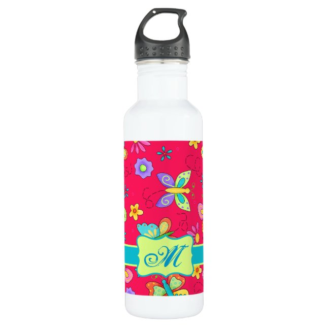 Bouteille D'eau Papillons Whimsy moderne sur Monogramme rouge pers (Devant)
