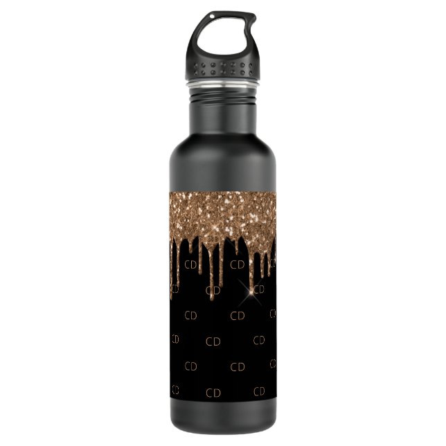 Bouteille D'eau Parties scintillant en or noir gouttes monogramme  (Devant)