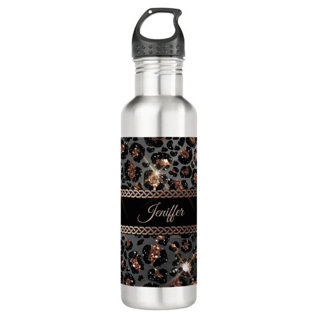 Bouteille D'eau Parties scintillant Leopard Black Gold personnalis (Devant)