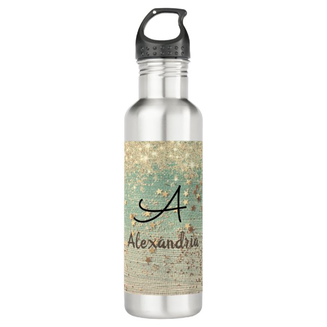 Bouteille D'eau Parties scintillant Monogram Gold sur Sea Green (Devant)