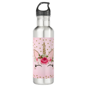 Bouteille D'eau Parties scintillantes d'or et licorne florale rose