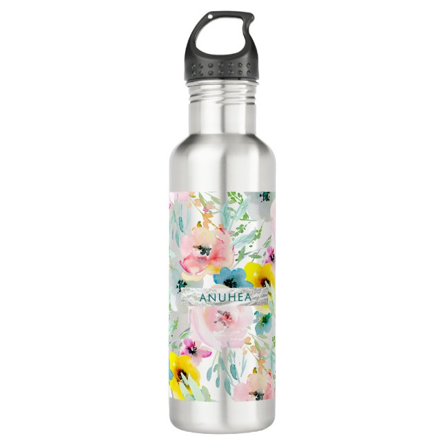 Bouteille D'eau Pastel Aquarelle Fleurs rose Turquoise Jaune (Devant)