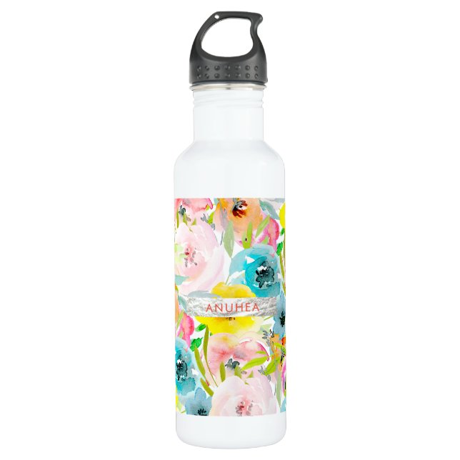 Bouteille D'eau Pastel Aquarelle Fleurs rose Turquoise Jaune (Devant)