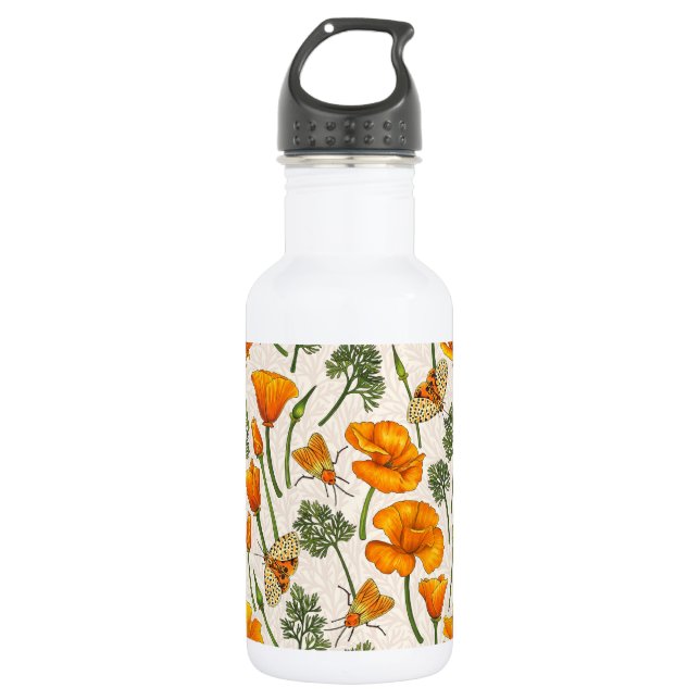 Bouteille D'eau Pavot de Californie et papillons de nuit sur blanc (Devant)