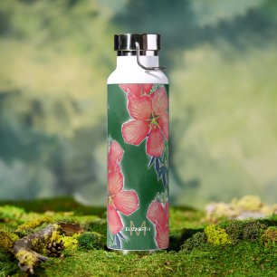 Bouteille D'eau Peinture tropicale vert Hibiscus rose