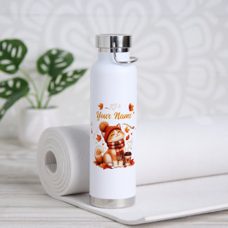 Bouteille D'eau Personalized Autumn Cat Water Bottle | Custom Name