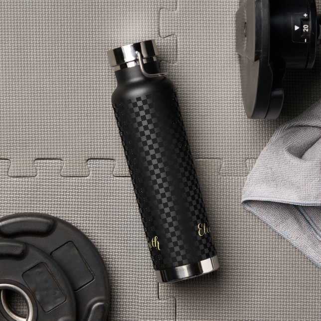 Bouteille D'eau Personnalisé Monogramme moderne Noir À damiers Mot (Couvercle)
