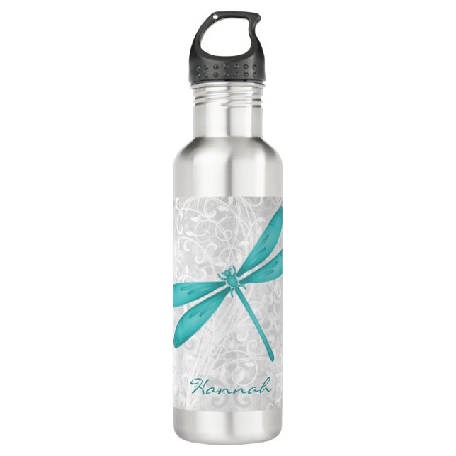 Bouteille d'eau personnalisée turquoise libellule (Devant)