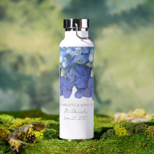 Bouteille D'eau Pétales d'hortensia bleus Mariage Noms personnalis