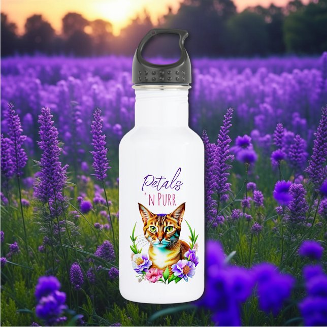 Bouteille D'eau Pétales et Purr Cute Chat et jolies Fleurs (Créateur téléchargé)