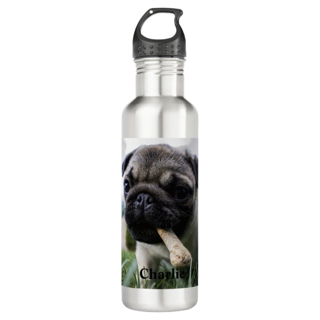 Bouteille D'eau Photo et nom personnalisé du chien de Carlin (Devant)