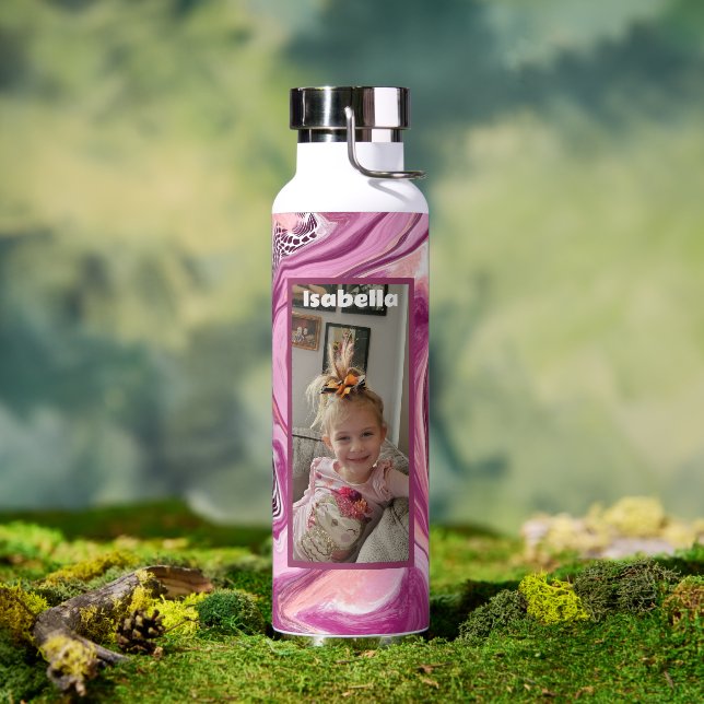 Bouteille D'eau Photo personnalisée et nom rose et magenta (Extérieur)
