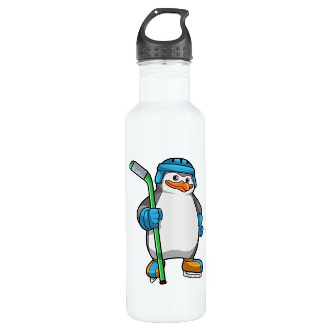 Bouteille D'eau Pingouin au hockey sur glace avec bâton de hockey  (Devant)