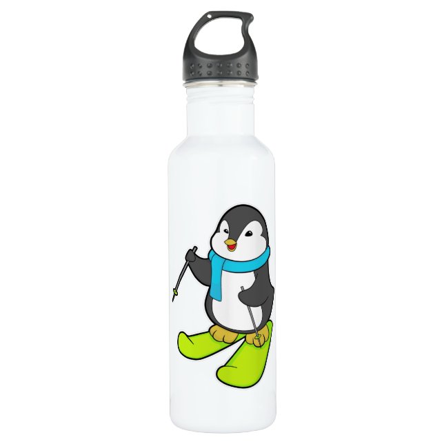 Bouteille D'eau Pingouin comme skieur avec ski (Devant)