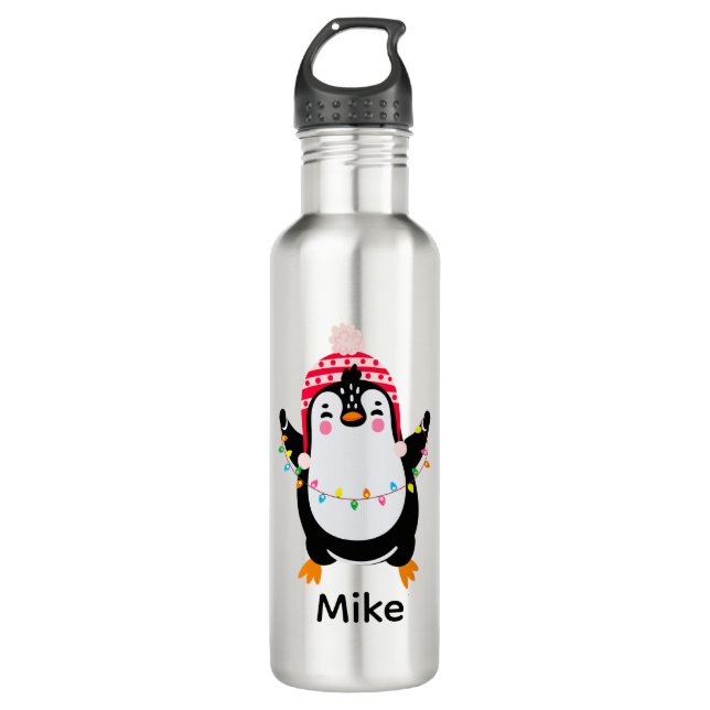 Bouteille D'eau Pingouin scintillant avec lumières de Noël (Devant)