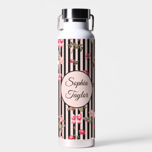 Bouteille D'eau Pink Coquette Bow Roses Vintages Black Stripes