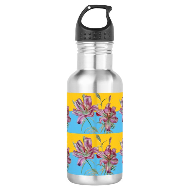 Bouteille D'eau Pink Lily Aquarelle Peinture Girls Floral Art (Devant)