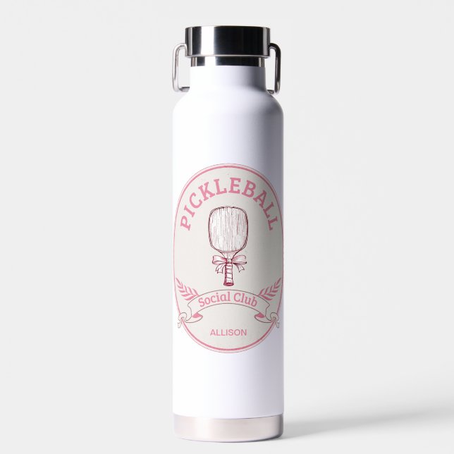 Bouteille D'eau Pink Pickleball Social Club Emblem Avec Nom (Avant)