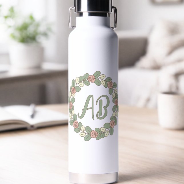 Bouteille D'eau Pink Rose Wreath Monogram Water Bottle (Plain yet pretty with custom initials will go well with the elegantly feminine woman out there.)