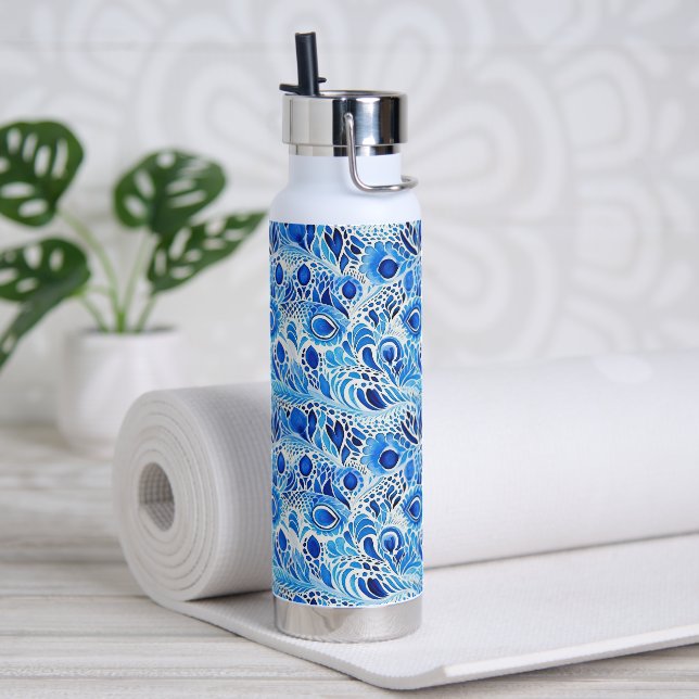 Bouteille D'eau Plumes de paon bleu blanc (Yoga)