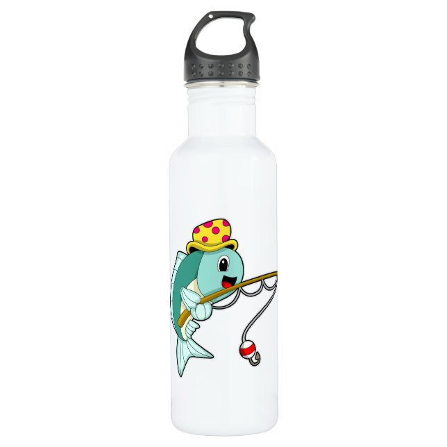 Bouteille D'eau Poisson à la pêche avec bâton de pêche et Casquett (Devant)