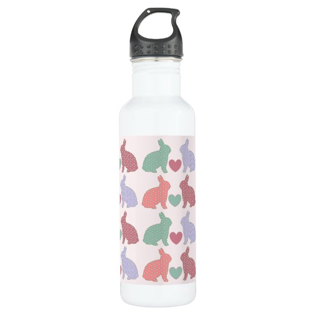 Bouteille D'eau Polka Dot Bunnies et Coeurs Motif sur rose (Devant)