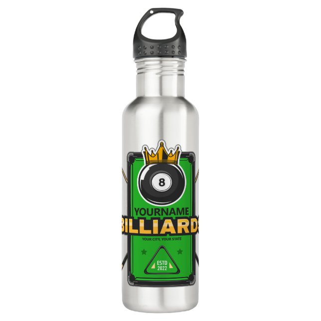 Bouteille D'eau Pool Hall personnalisé NOM 8 Ball Crown Billiards (Devant)