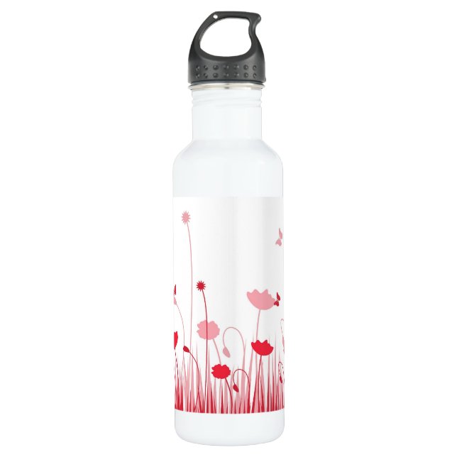 Bouteille D'eau Poppies minimalistes rouges et blanches Pré floral (Devant)
