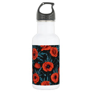 Bouteille D'eau Poppies, rouge et bleu sur noir