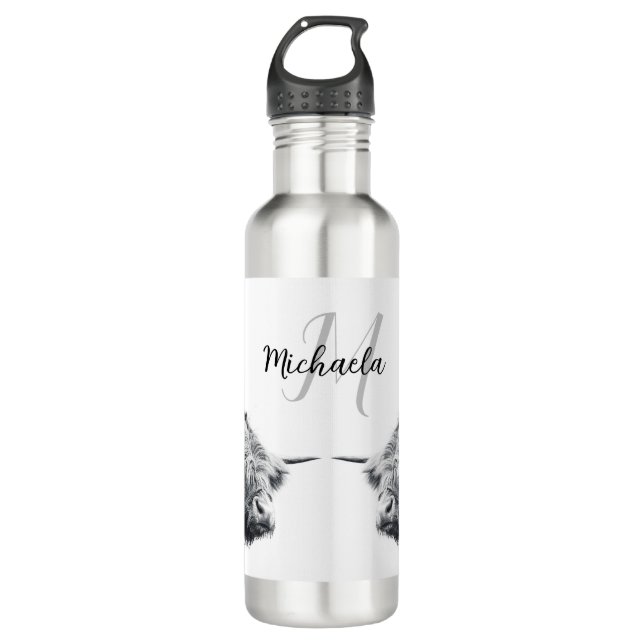 Bouteille D'eau Portrait de vache Highland premier monogramme noir (Devant)
