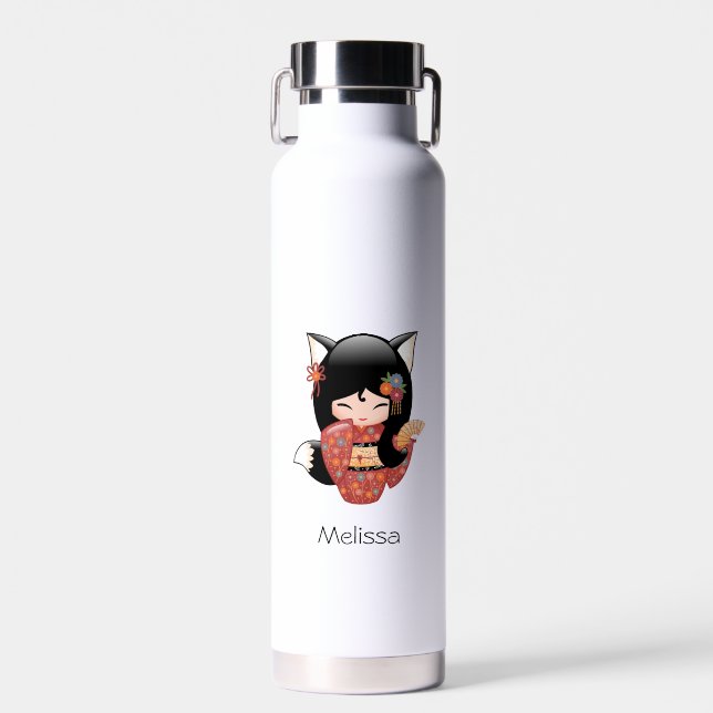Bouteille D'eau Poupée Kitsune Kokeshi - Black Fox Geisha Girl (Avant)