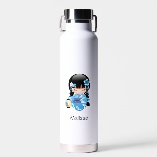 Bouteille D'eau Poupée Kokeshi d'hiver - Blue Kimono Geisha Girl (Avant)
