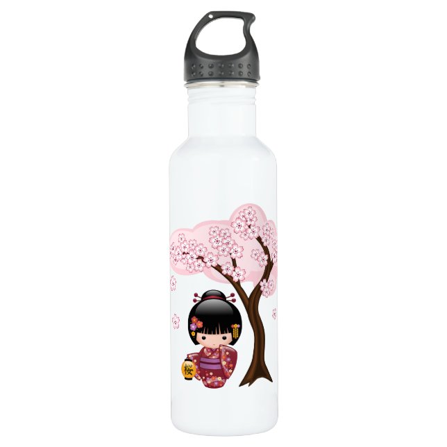Bouteille D'eau Poupée Sakura Kokeshi - Geisha Girl on Peach (Devant)