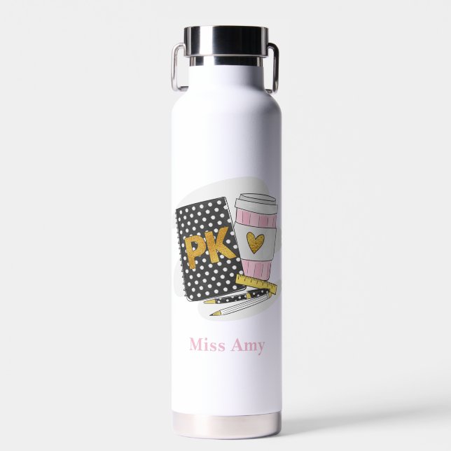 Bouteille D'eau Pré K Enseignant Personnalisé Carnet noir Coeur Ca (Avant)