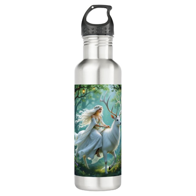 Bouteille D'eau Pretty Fairy and White Deer in Enchanted Forest (Devant)