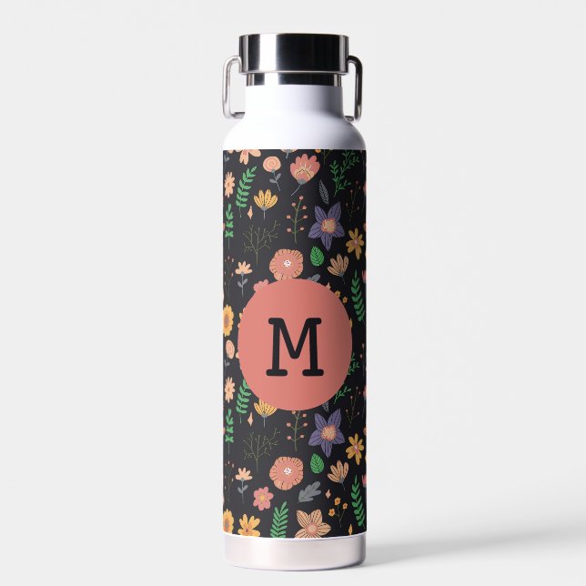 Bouteille D'eau Pretty Modern Dark Floral Pattern Monogram (Avant)